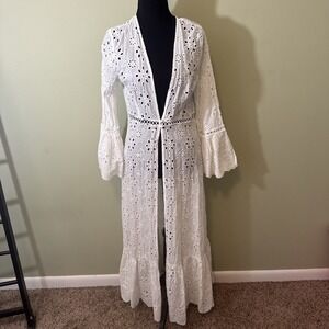 Forever 21 Swim Cover Up White Eyelet Long Bell Sleeve Boho Size Large